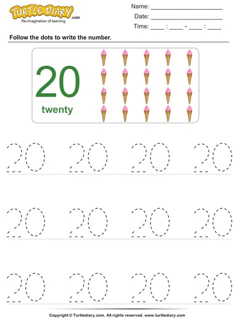 Trace The Number Twenty Worksheet Turtle Diary