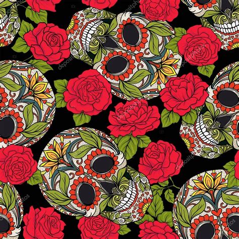 Seamless Pattern Background With Sugar Skull And Red Roses — Stock