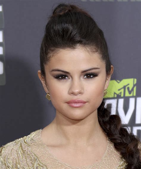 selena gomez long straight formal braided updo hairstyle
