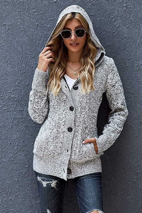 Sidefeel Women Hooded Knit Cardigans Button Cable Sweater