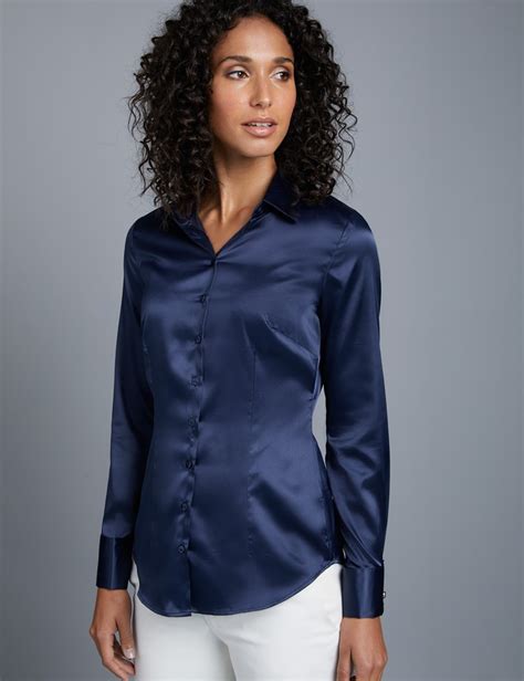 Women S Navy Fitted Satin Shirt Double Cuff Hawes Curtis