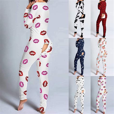 Women Onesie Pajamas With Butt Flap Sexy Deep V Neck Bodycon Jumpsuits Novelty Long
