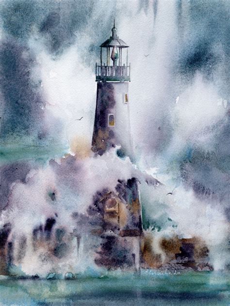 Lighthouse Painting Original Watercolor By Dreaming Reality Digital