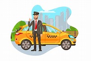 Conductor de taxi con personaje de dibujos animados aislado coche ...