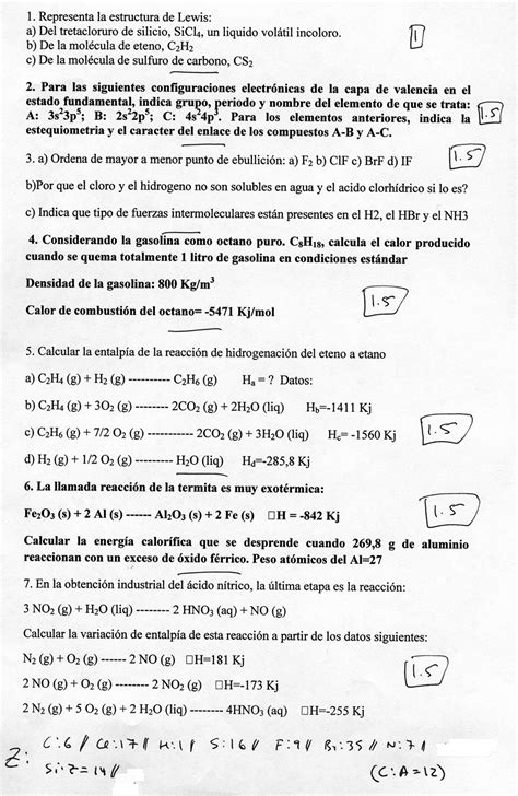Fisica Y Quimica Para Estudiantes Examen Quimica 1º Bachillerato