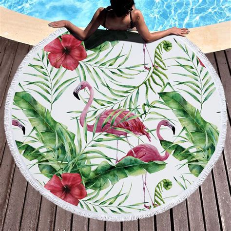 Flamingo Round Beach Towel With Tassel Microfiber Sunbathe Bath Towels Throw Picnic Blanket