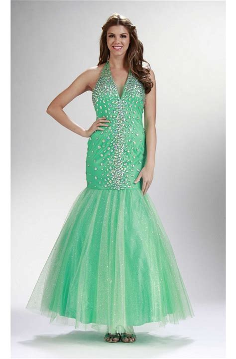 Sexy Mermaid Halter Backless Ankle Length Mint Green Tulle Beaded Prom Dress