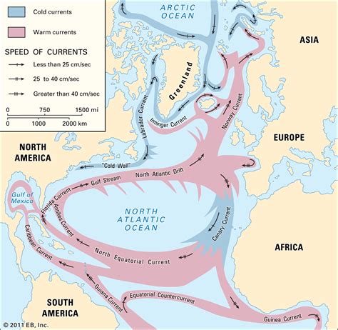 The maps, which were created at various times in past years, show the many warm and cold ocean currents responsible for transporting water across long distances throughout the world's oceans. North Equatorial Current | Britannica