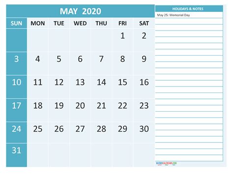 Free May 2020 Monthly Calendar Template Word Free