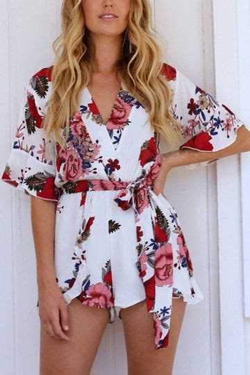 Chiffon Deep V Neck Random Floral Print Flared Sleeves Elastic Waist Playsuit Wi From Mobile