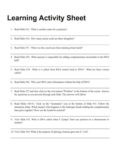 Free 10 Learning Activity Sheet Samples In Pdf Doc