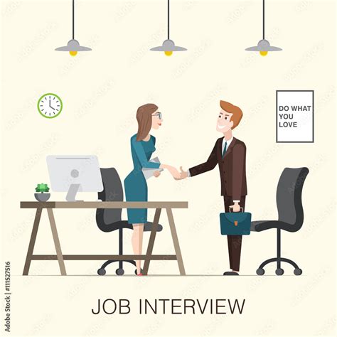 Job Interview Illustration In Office Interior With Cartoon Business Man