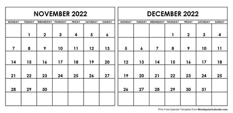 nov dec  calendar monday start editable  months template