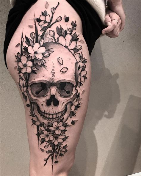 Skull And Flowers Thigh Piece By Jakob Holst Rasmussen Co Owner And Tattooist At Venlig Hilsen In