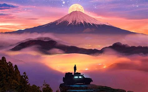 1440x900 Resolution Man Watching Moon Rising Over Mountains 1440x900