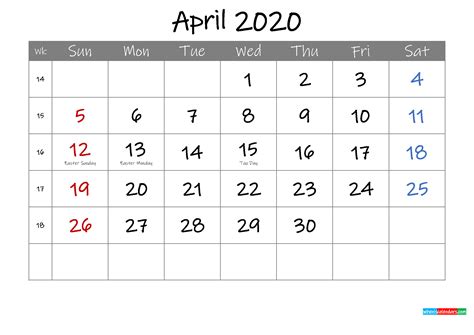 Editable April 2020 Calendar With Holidays Template Ink20m4