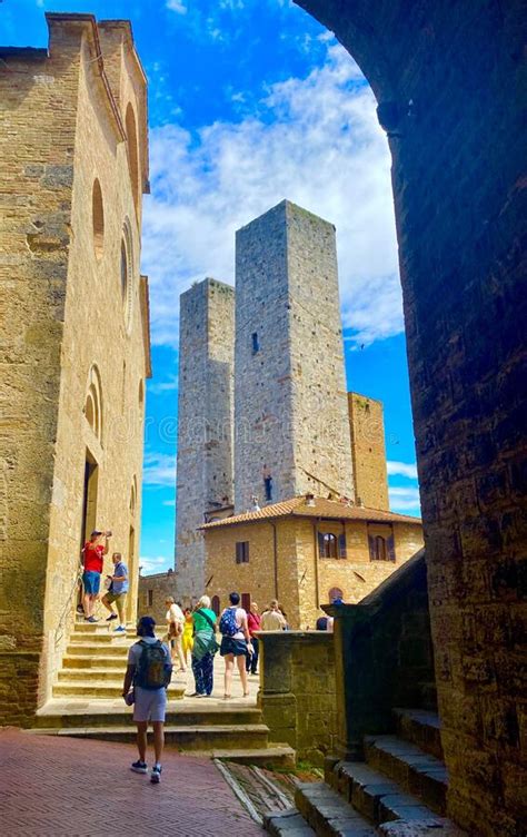tall stone towers in the medieval town of san gimignano in italy editorial photo image of