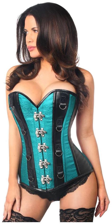 Top Drawer Teal Brocade And Faux Leather Steel Boned Corset Spicylegs Com