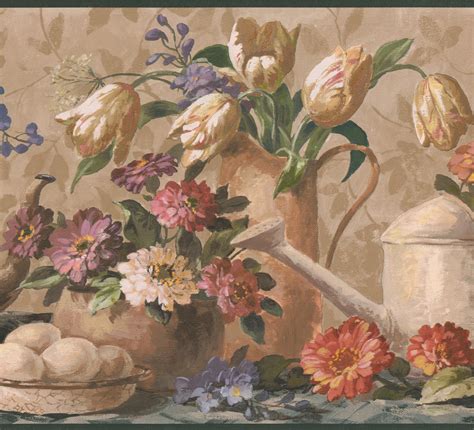Wallpaper Border Flowers In Pots Vases Brown Extra Wide Wall Border