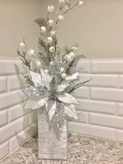 White And Silver Glitter Arrangement Christmas Floral Arrangements Silver Christmas