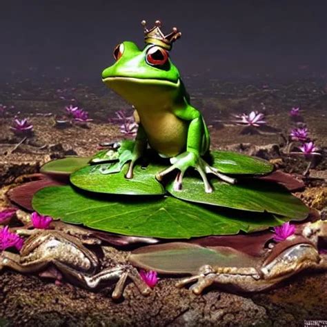 Frogs Whit With A Crown On His Head On A Lily Pad By Openart