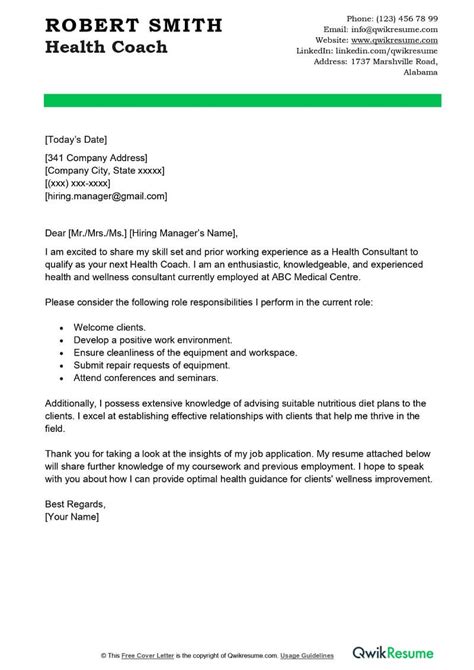 Health Coach Cover Letter Examples QwikResume