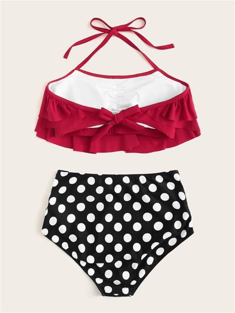 Polka Dot Ruffle Halter Top With High Waisted Bikini Shein Usa