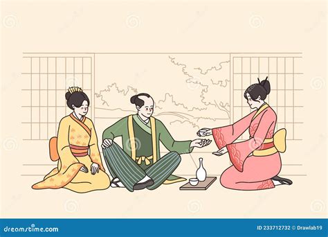 People In Japanese Costumes Have Tea Ceremony Stock Vector
