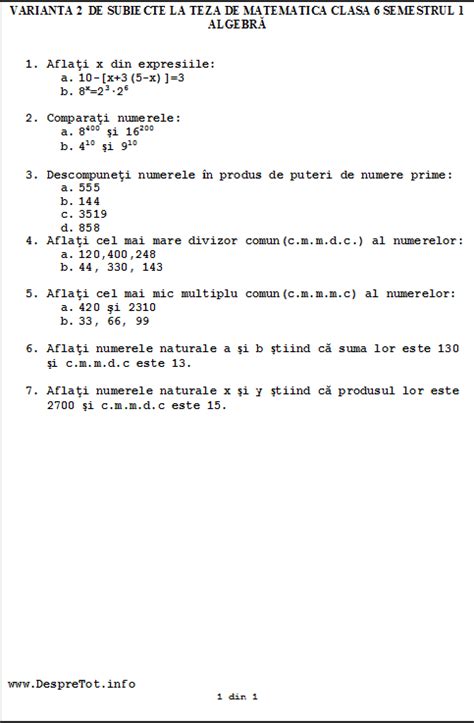 Teza Matematica Clasa 6 Sem 1 Varianta 2 Algebra