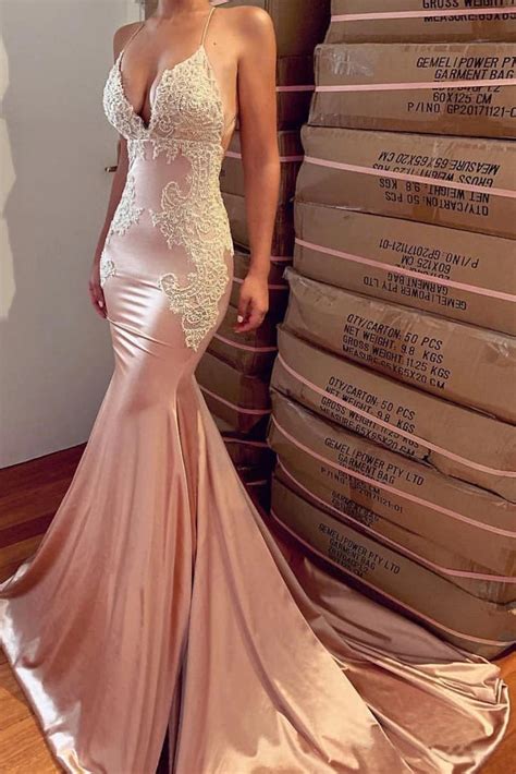 Sexy Mermaid Backless Nude V Neck Long Lace Spaghetti Strap Prom Dress