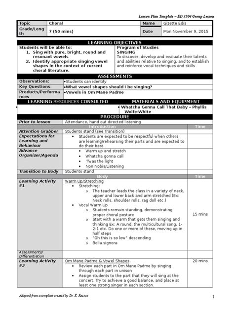 Learning Objectives Lesson Plan Template Ed 3504 Group Lesson