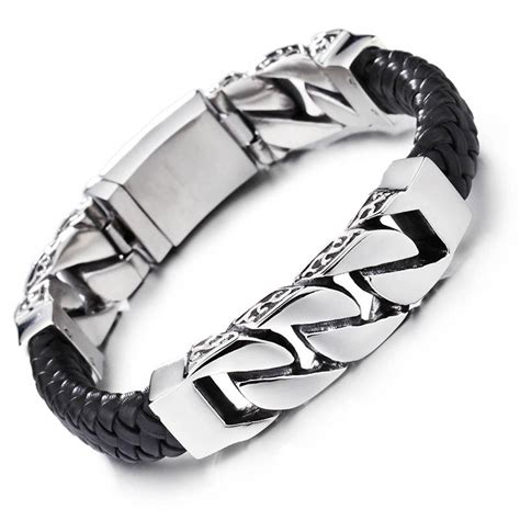 Black Genuine Leather Bracelet Stainless Steel Religious Vintage Bangle