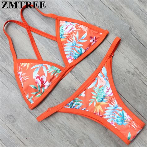 Zmtree Bandage Swimsuit Women Floral Printed Swimwear Bikini High Cut