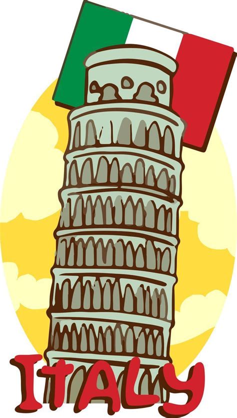 The Leaning Tower Of Pisa In Italy With Italian Flag On Top And Sun