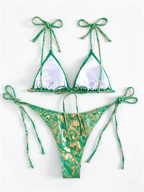 Shiny Bikini Green Leopard Print Push Up Bandage Thong Swimsuit High Cut Beach Bathing Suit