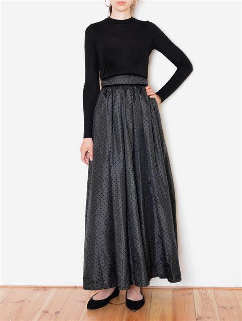 90s Dotted Taffeta Skirt Black Maxi Length Full Skirt Retro Vintage
