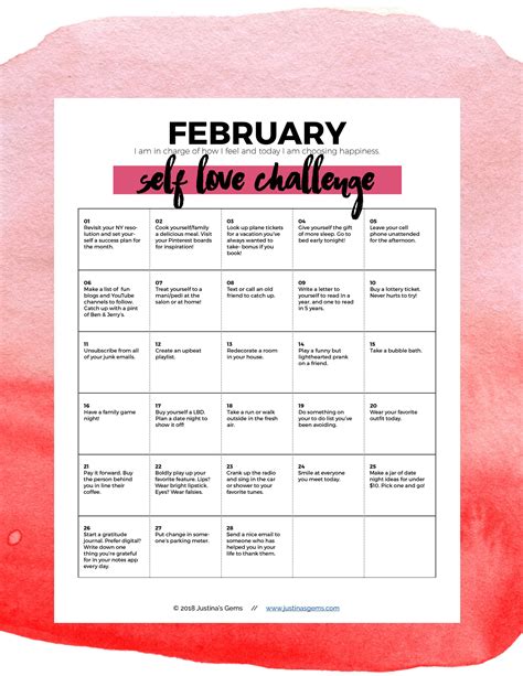 February Self Love Challenge Free Printable Justinas Gems Love
