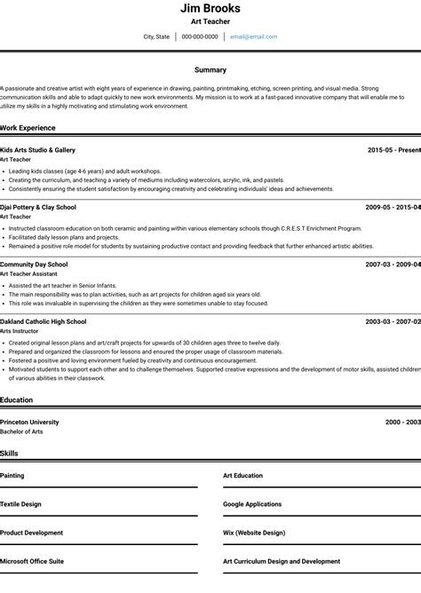 Download examples in pdf for free. Art Teacher - Resume Samples and Templates | VisualCV