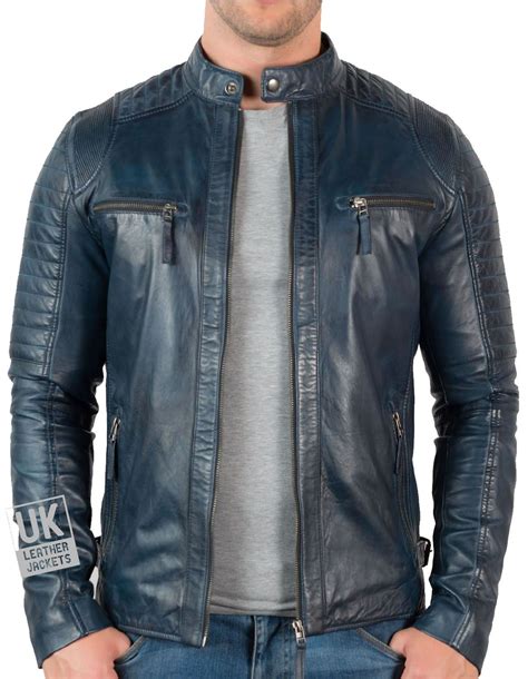 Mens Navy Leather Biker Jacket Uk Lj Mens Blue Leather Jacket