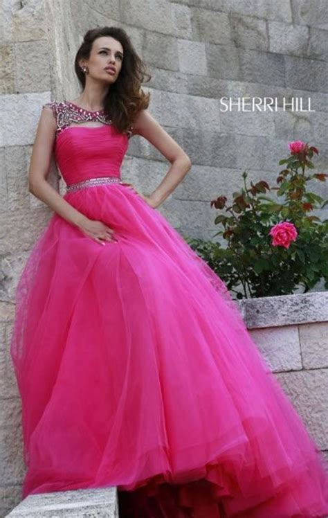 Sherri Hill Scoop Neck Hot Pink Beaded Long Evening Gown Sherri Hill Hot Pink