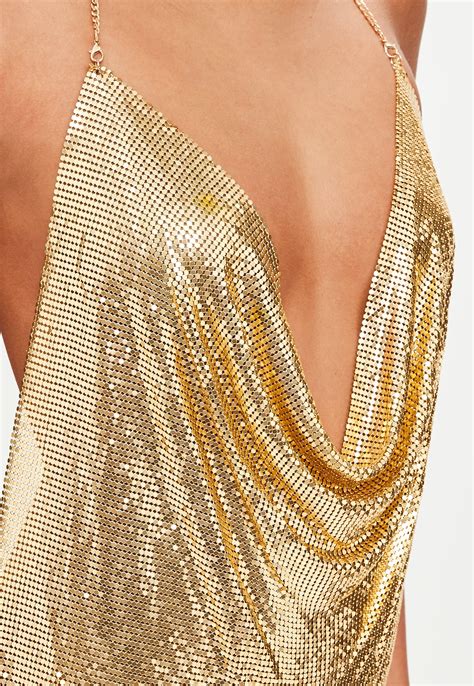 Missguided Synthetic Gold Backless Chainmail Cowl Shift Dress In