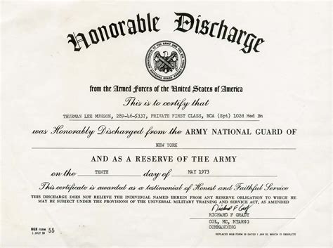 1973 Thurman Munson Us Army National Guard Honorable Discharge