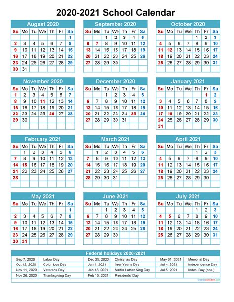 2020 And 2021 School Calendar Printable Portrait Template Noscl21a7