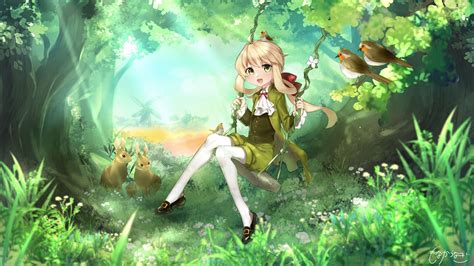 Anime Girl Swing Forest Green Eyes 4k Hd Anime Girl