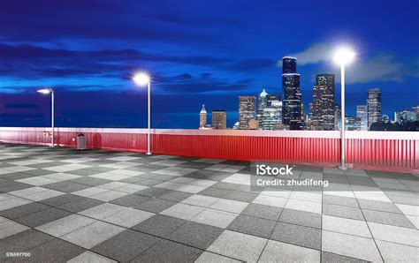 Empty Marble Floor With Cityscape And Skyline Of Seattle Stock Photo