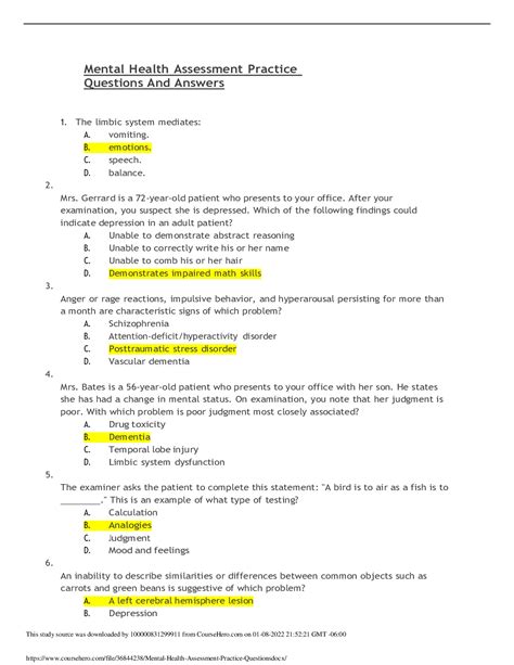 Nursing Nu416 Mental Health Assessment Practice Questions And Answers