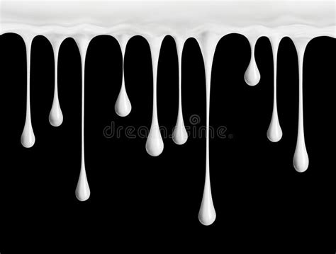White Cream Or Milk Drops Drip Down On Black Background Stock