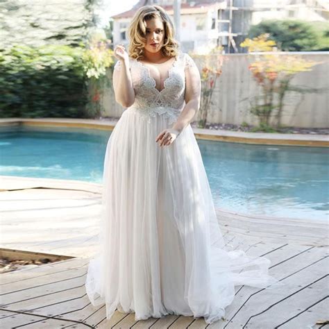 Elegant Beach Bridal Dress Plus Size V Neck With Lace Appliques Cap
