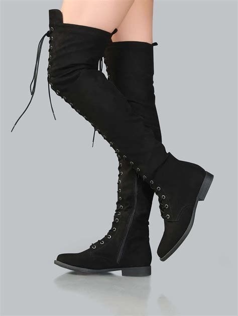 lace up flat suede boots black shein sheinside