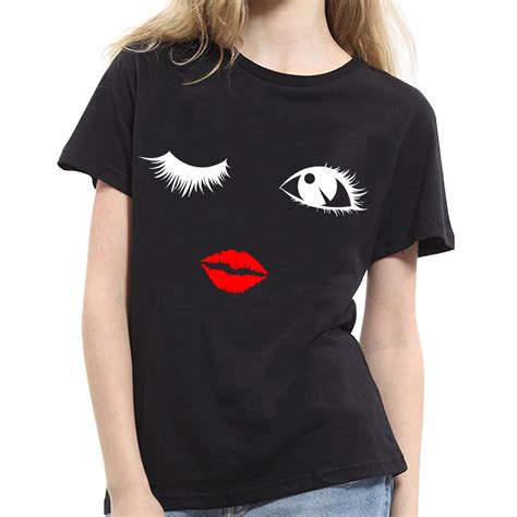 new women girl summer cute blink red lips sexy face print round neck t shirt tee red lip round